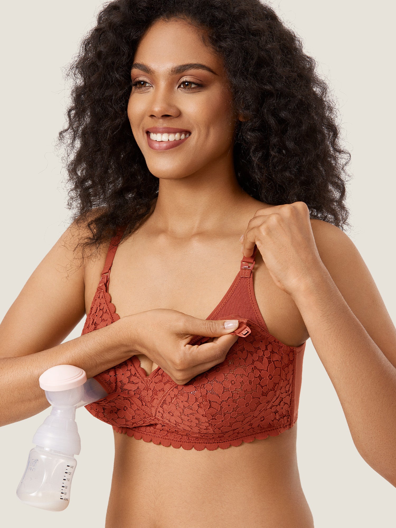 MOMANDA Women's Lace Hands Free Pumping Bra Rose White