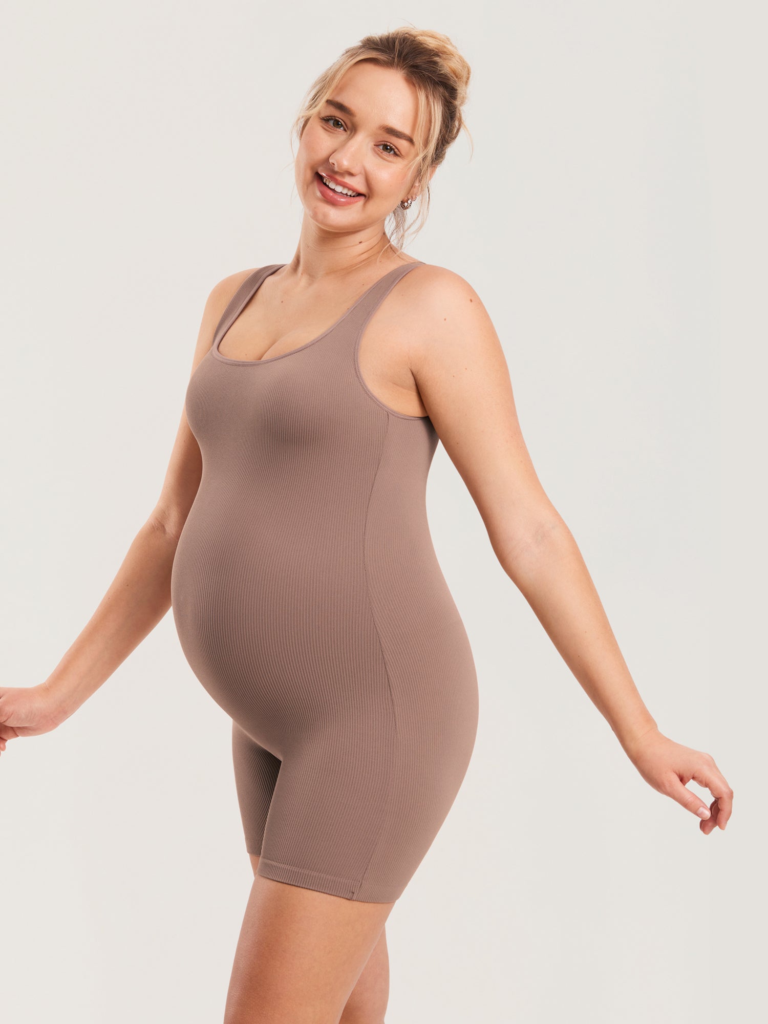 MOMANDA Ribbed Square Neck Maternity Romper Brown Purple