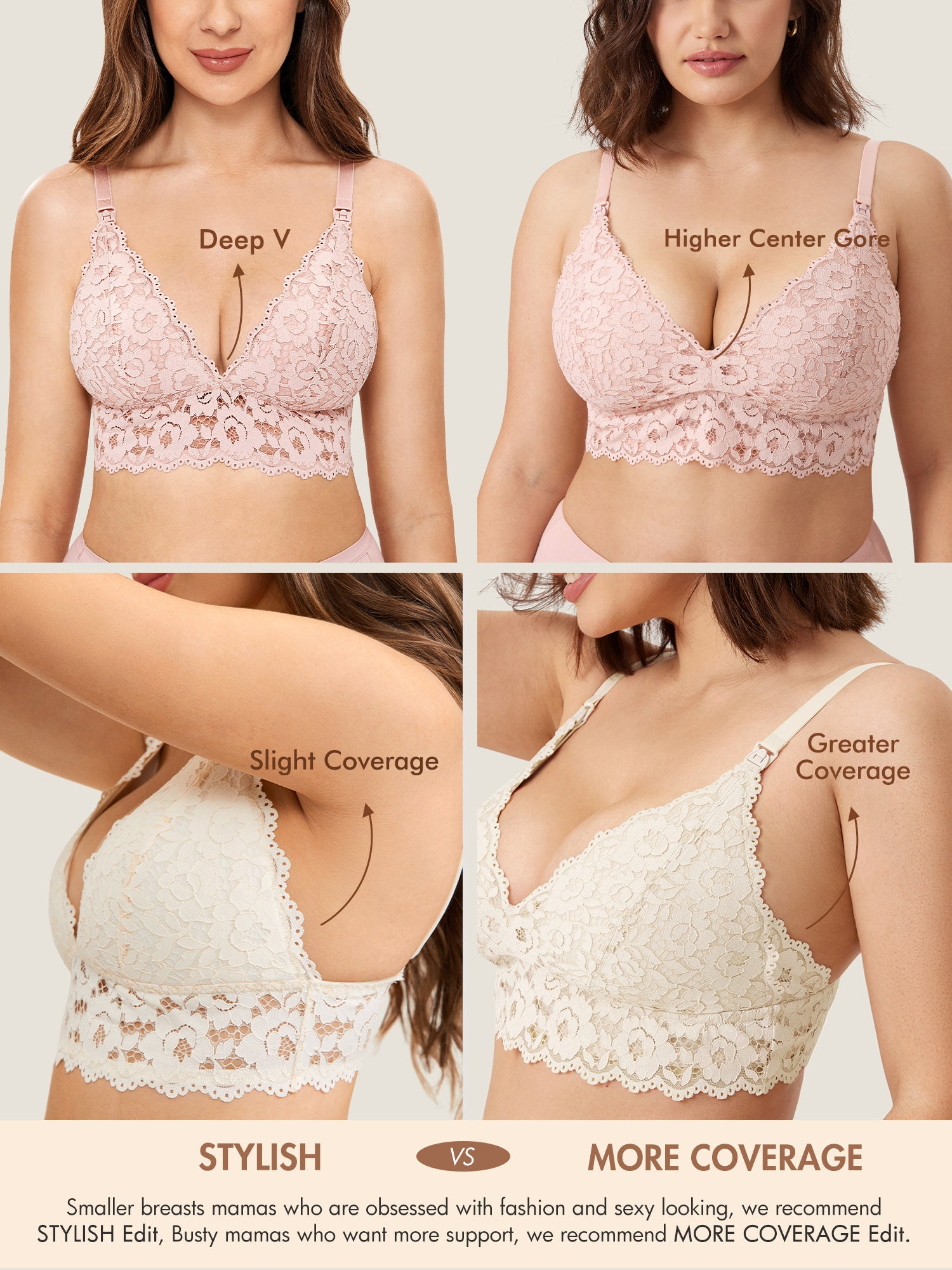 MOMANDA Women's More Coverage Lace Plunge Nursing Bralette Gentle Rose