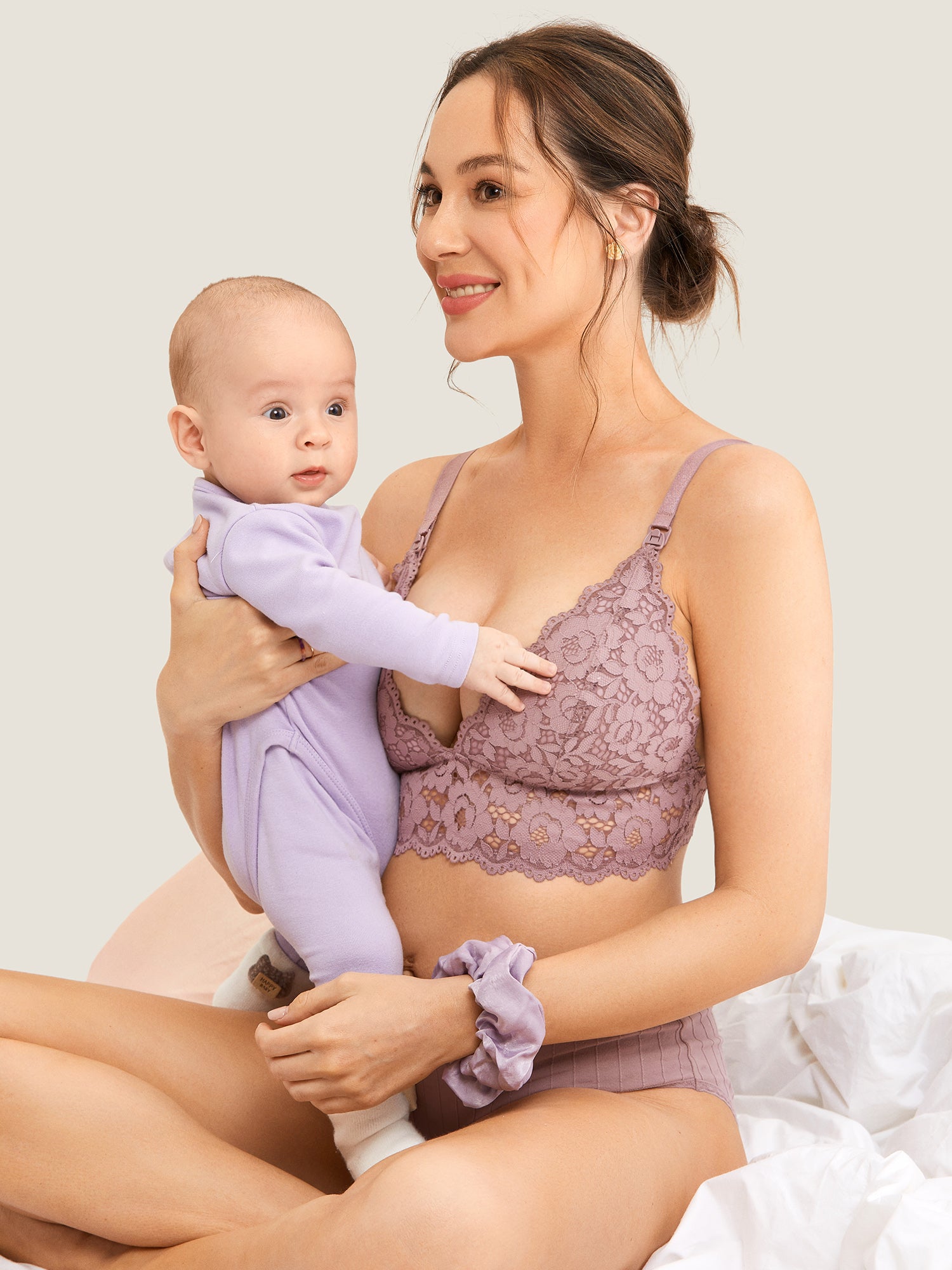 MOMANDA Women‘s Lace Plunge Nursing Bralette Rose Brown