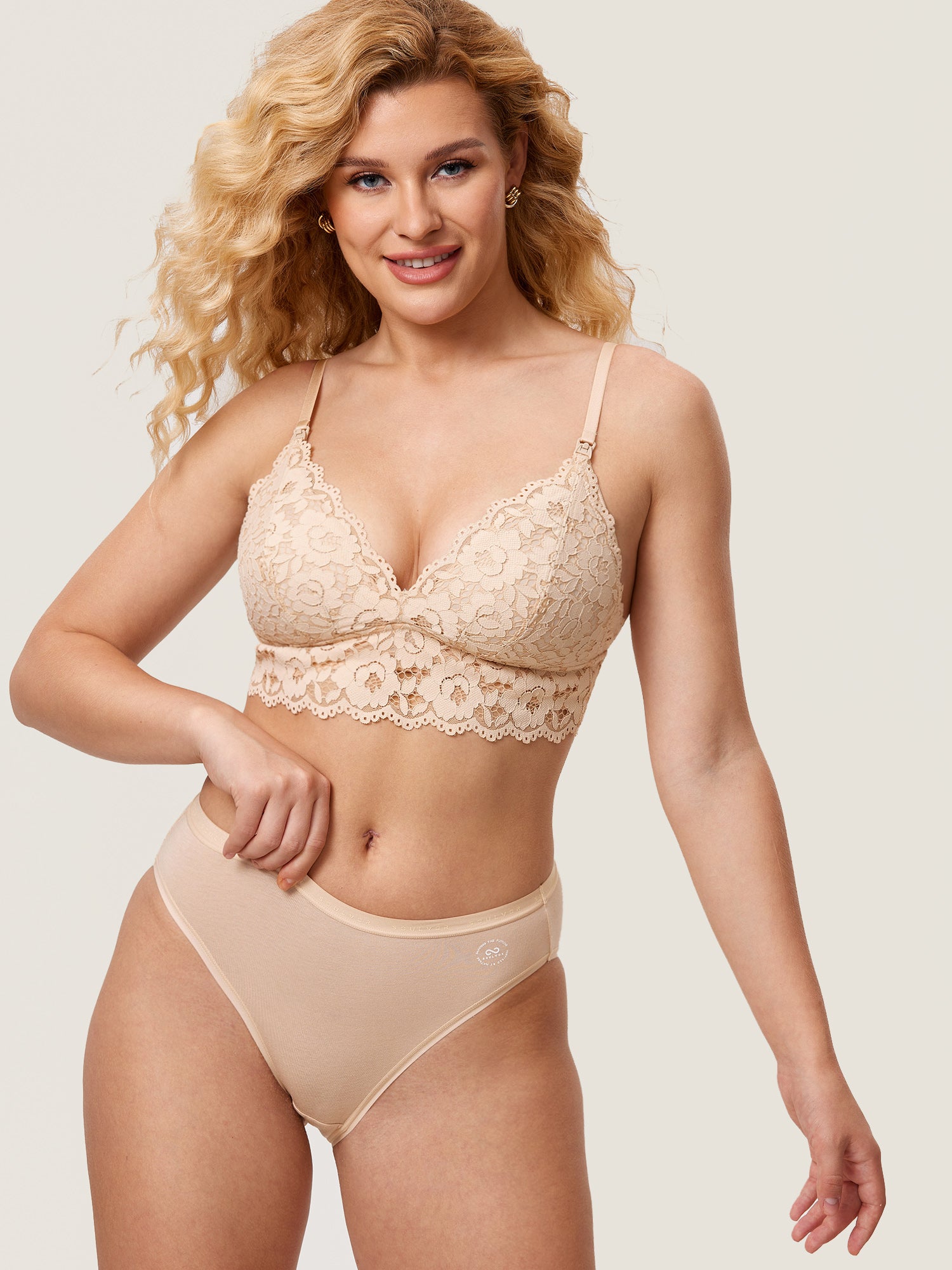 MOMANDA Women's More Coverage Lace Plunge Nursing Bralette Beige