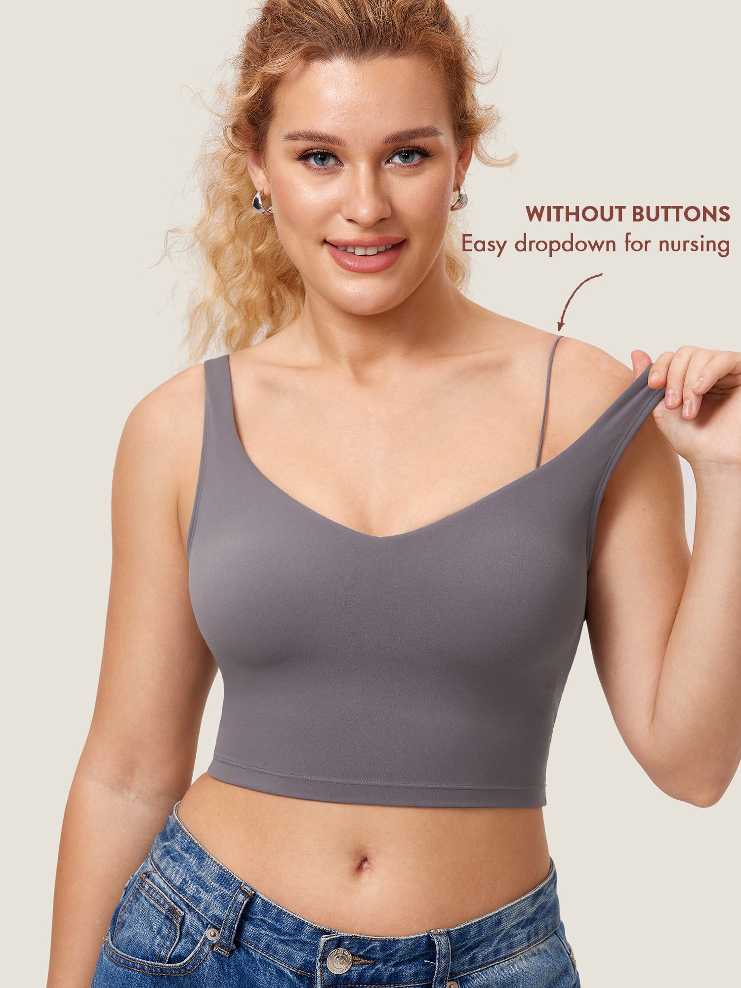MOMANDA Women's Natrelax® Nursing Crop Tank Top - V Neck Taupe