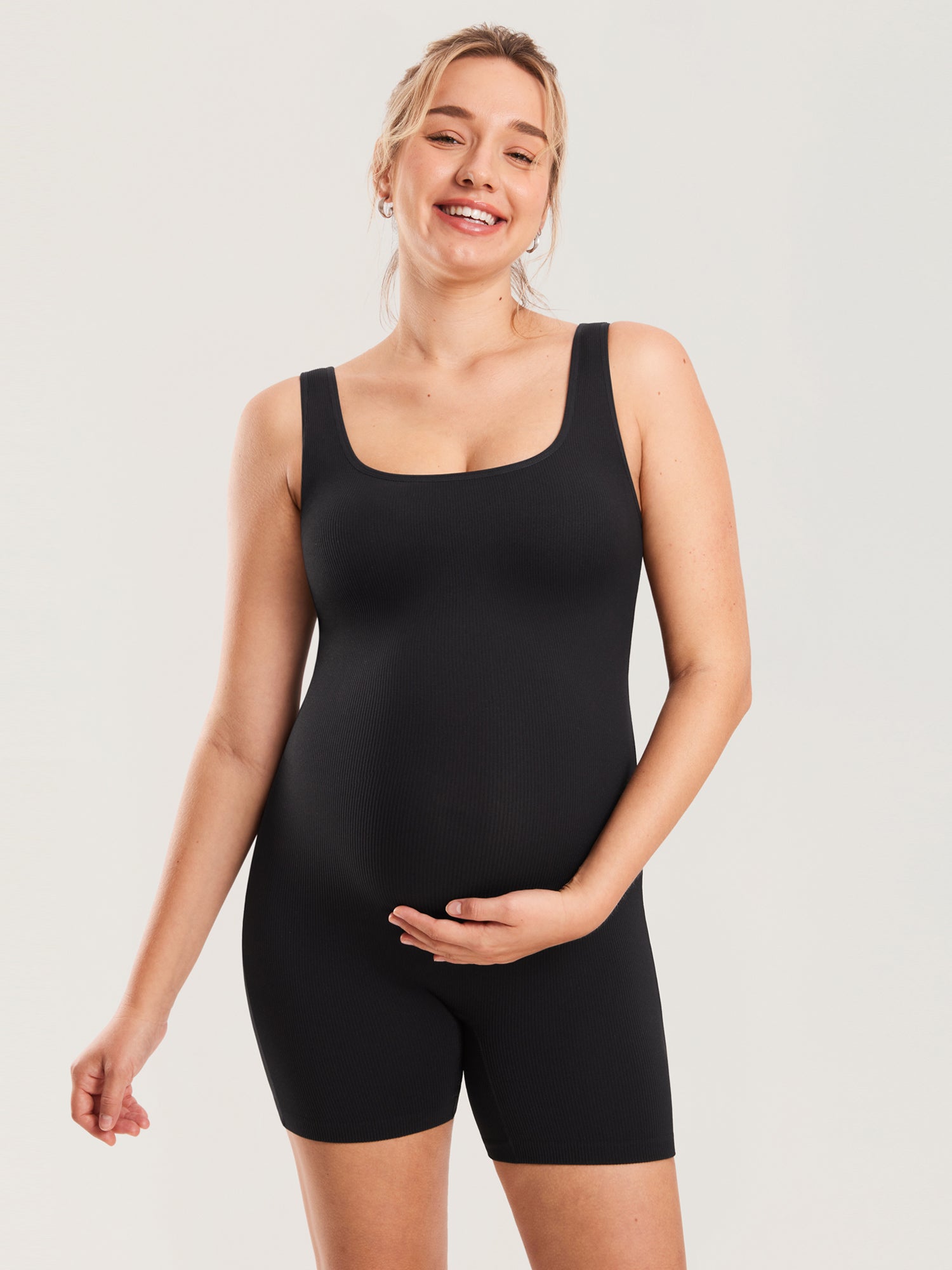 MOMANDA Ribbed Square Neck Maternity Romper Black
