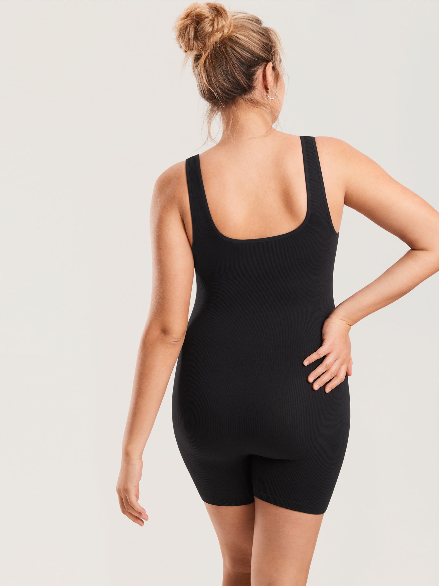 MOMANDA Ribbed Square Neck Maternity Romper Black