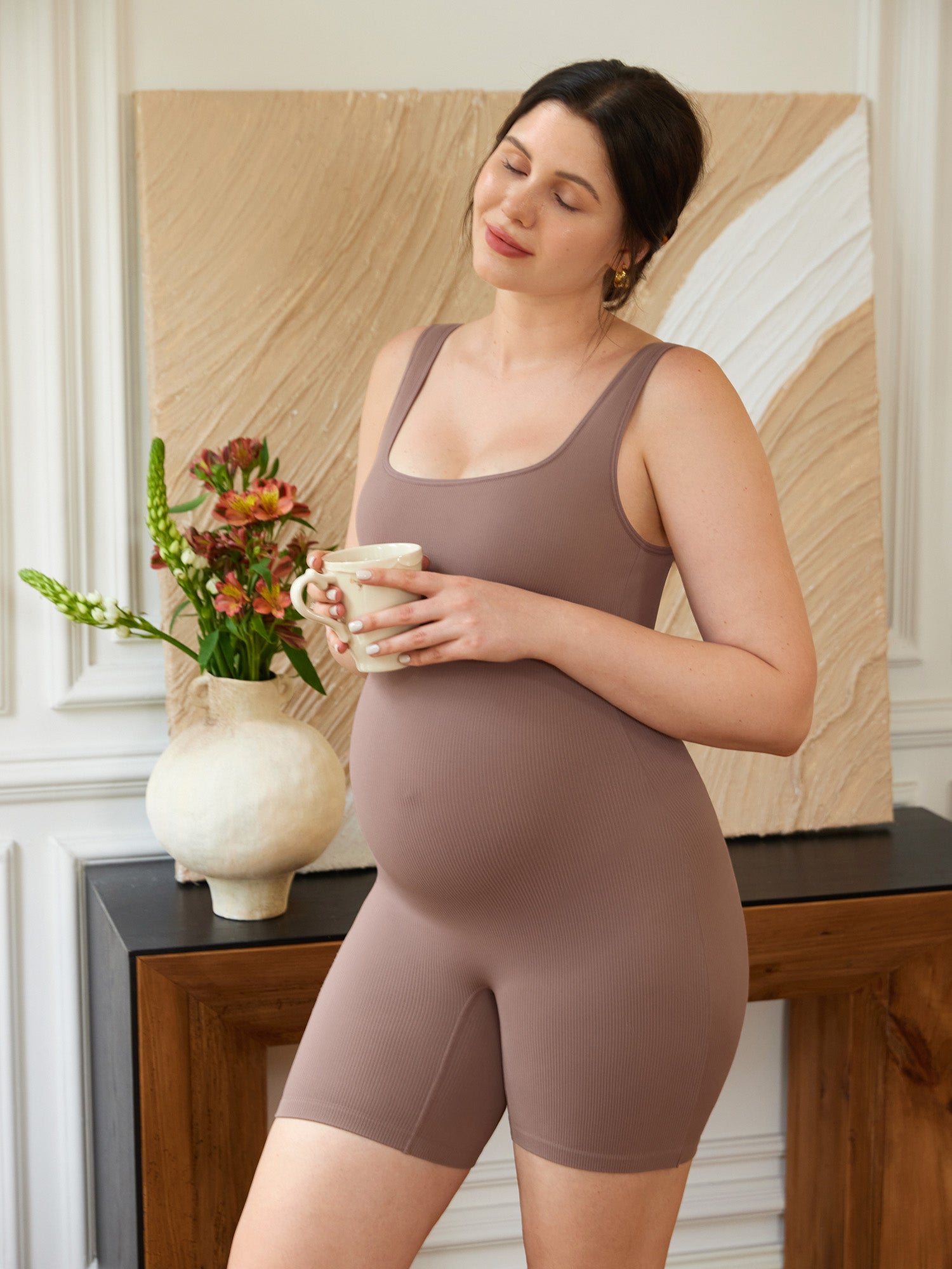 MOMANDA Ribbed Square Neck Maternity Romper Brown Purple