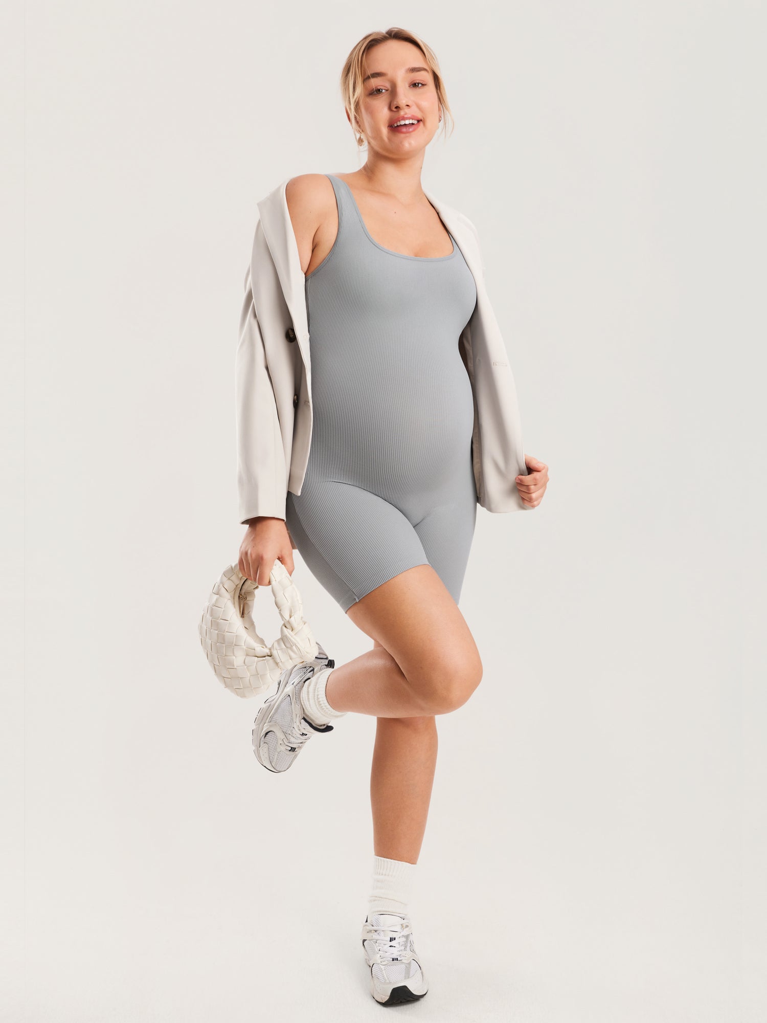 MOMANDA Ribbed Square Neck Maternity Romper Quantum Grey
