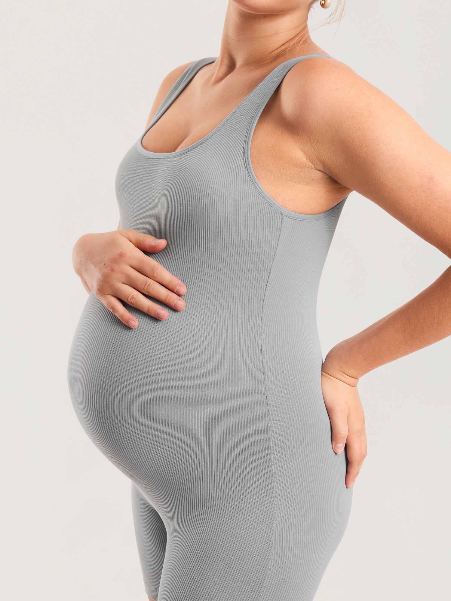 MOMANDA Ribbed Square Neck Maternity Romper Quantum Grey