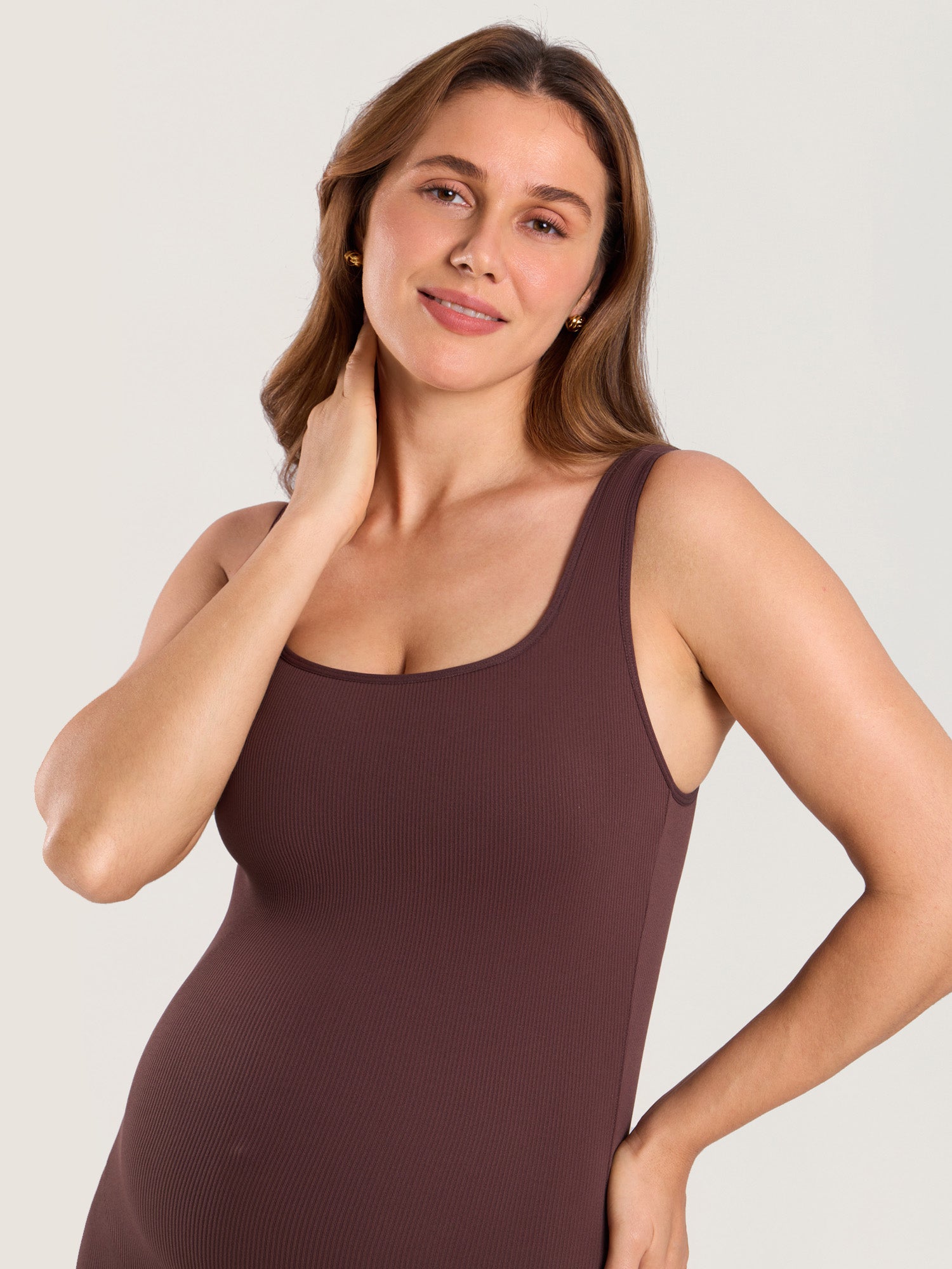 MOMANDA Ribbed Square Neck Maternity Romper Hazelnut