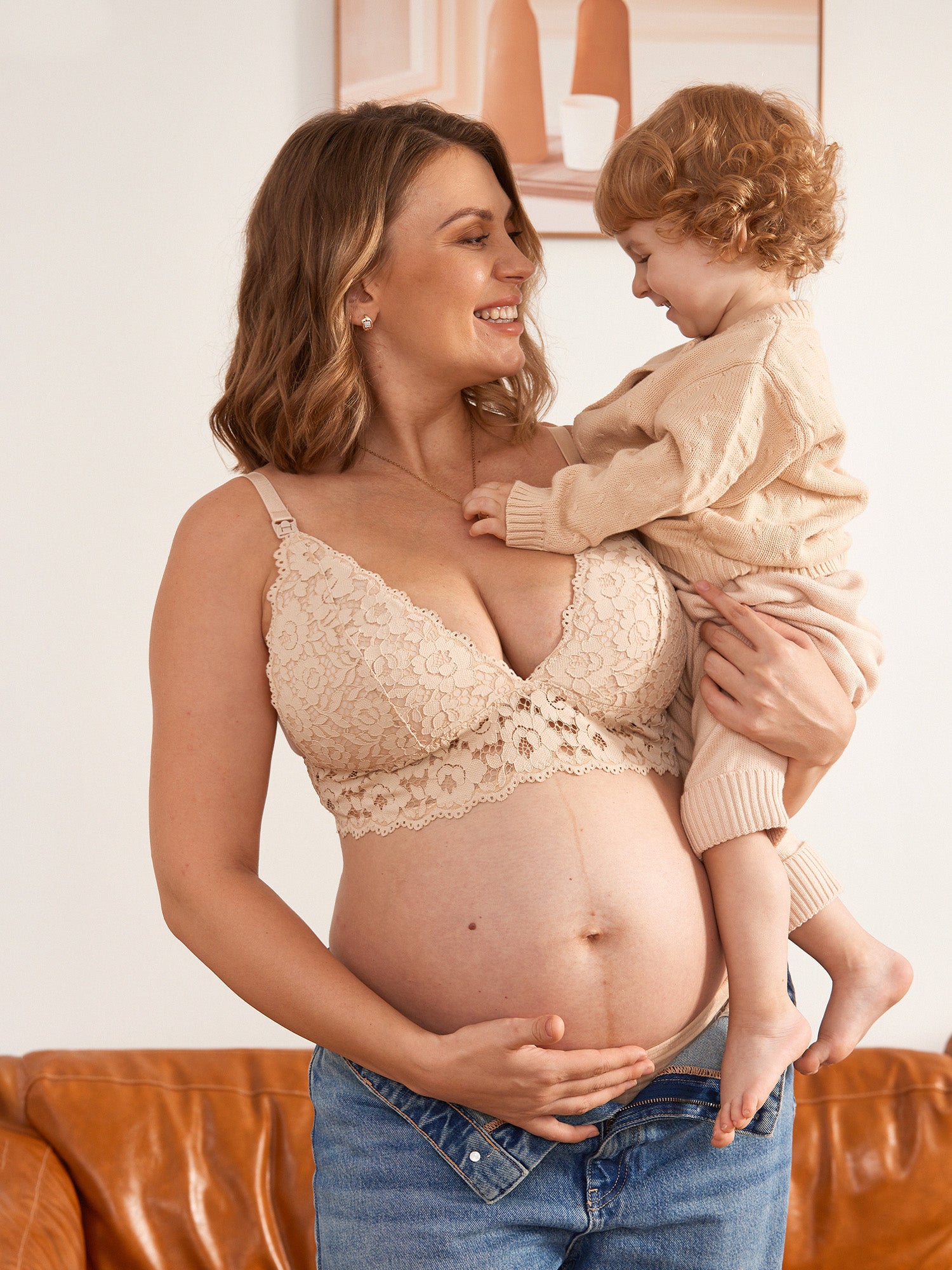 MOMANDA Women‘s Lace Plunge Nursing Bralette Beige