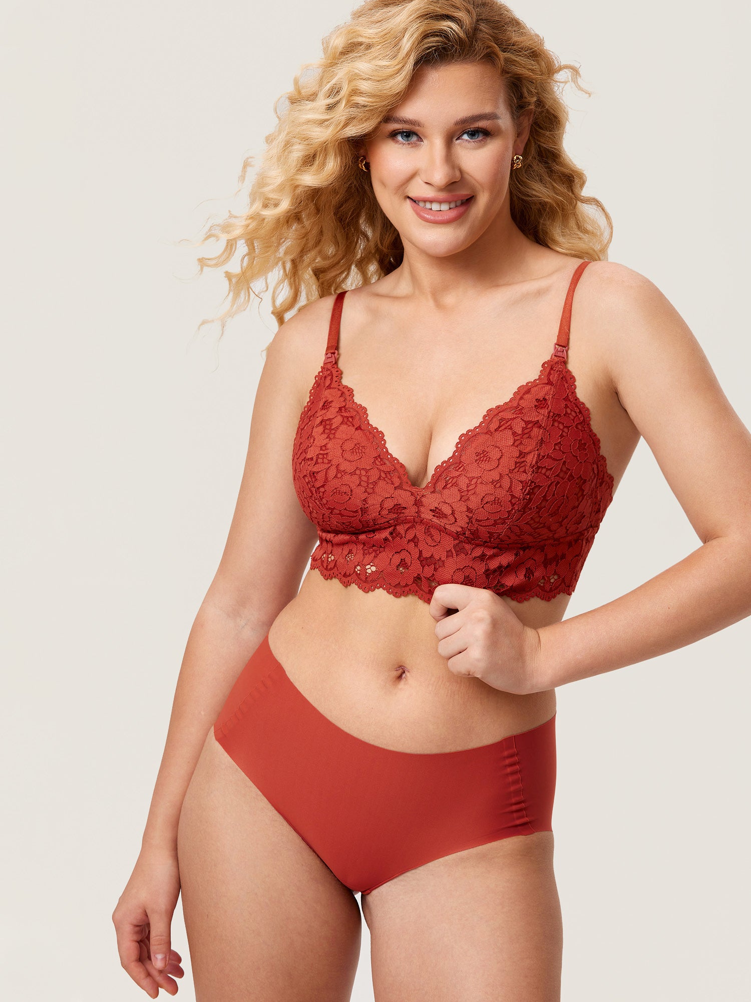 MOMANDA Women's More Coverage Lace Plunge Nursing Bralette Pumpkin